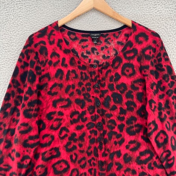 Talbots Womens 2X Plus Red Leopard Print Merino Wool Button Up Cardigan Stretch - Picture 2 of 10